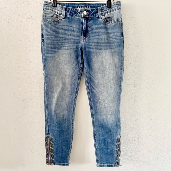 White House Black Market Denim - WHBM Skimmer Zipper Ankle Denim Medium Wash Skinny Jeans Embroidered Women's 8 P